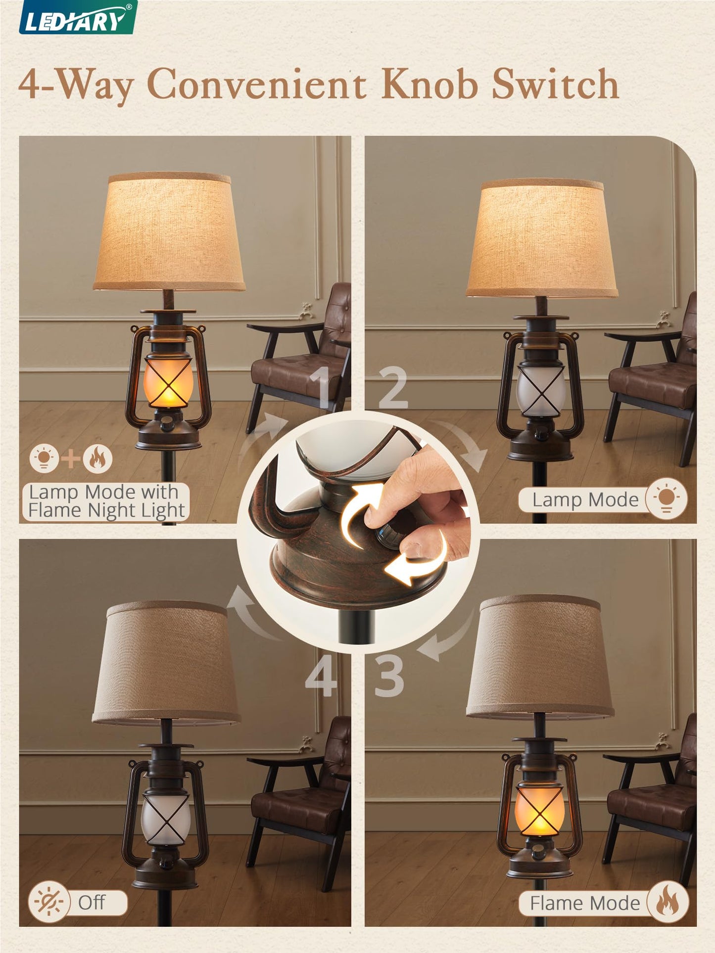 LEDIARY LED Flashing Flame Lantern Floor Lamp, Rustic Bronze, Beige Linen Shade, Ideal for Living Room and Bedroom Decor