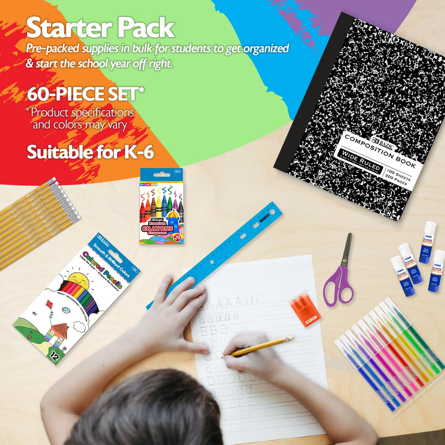 BAZIC Products Back to School Starter Pack, 60 Pieces, Elementary, for Students Teachers Donations