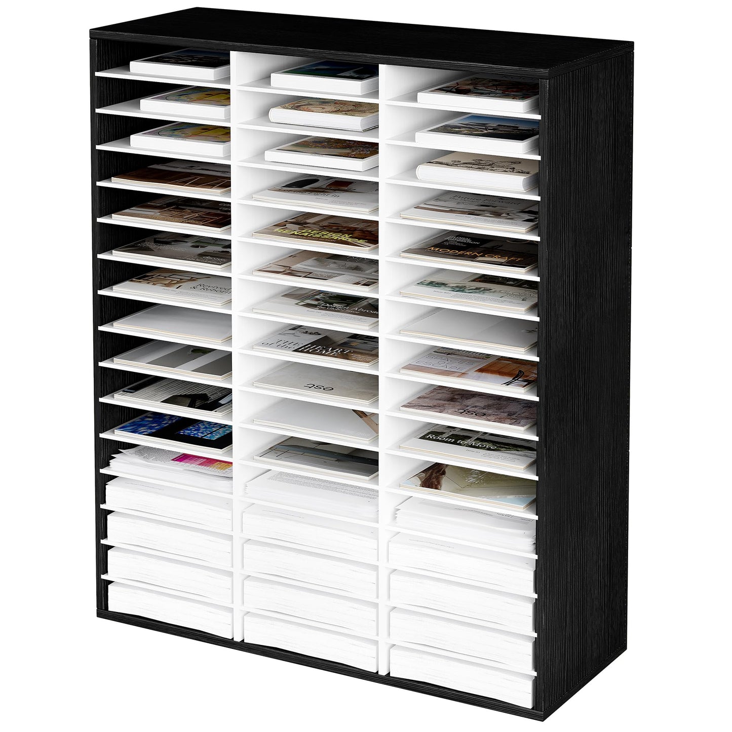 EasyPAG Wooden Literature Organizer with Adjustable Shelves, 48 Compartments Office Paper Organizer Storage 24000 Sheets Letter Size Paper, Student Mailbox for Classroom, Black/White