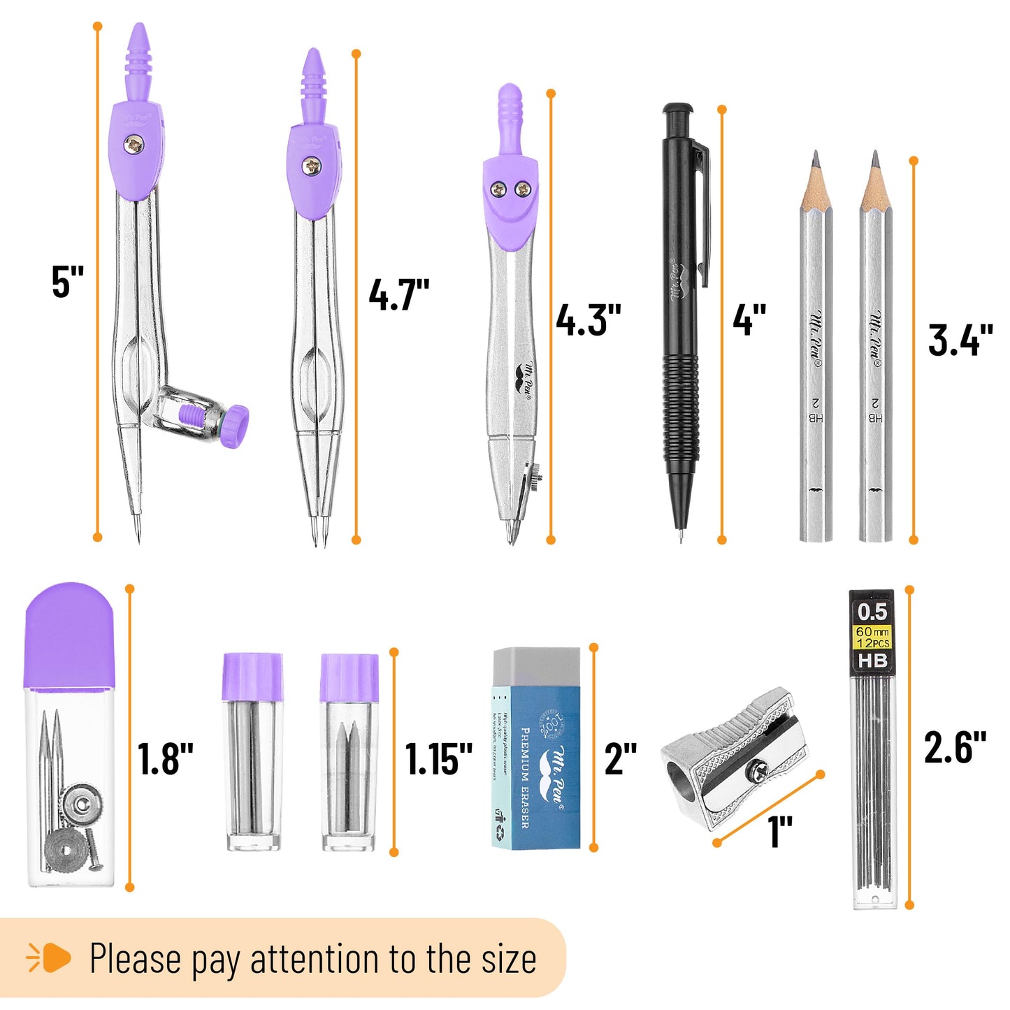 Mr. Pen- Geometry Set, 15 pcs, Purple, 6 Inch Swing Arm Protractor, Divider, Set Squares, Ruler, Compasses and Protractor