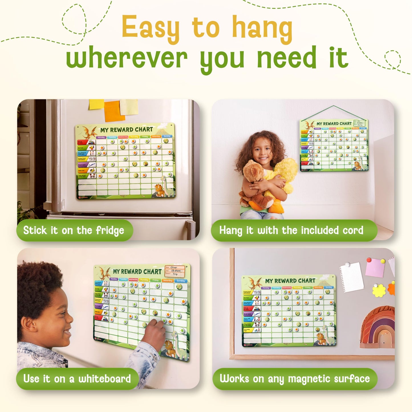 LIKARTO Magnetic Reward Chart for Kids with 280 Magnets - Behavior Chart for Kids at Home - Responsibility Reward Chart - Chore Chart - Visual Schedule - Ideal for Ages 3-9, Autism, ADHD - Green
