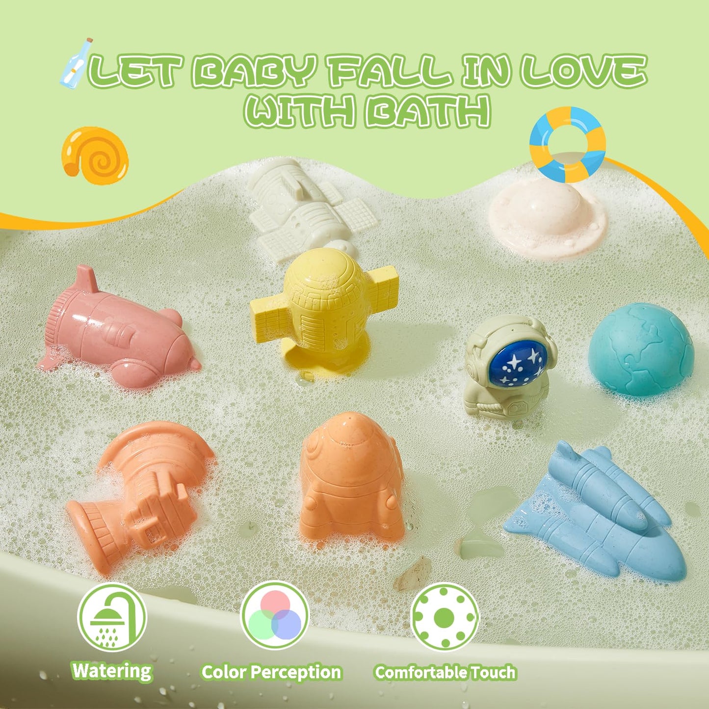 AMCHSURI Mold-Free & No Holes Bath Toys 9 Pack | Safe Astronaut & Rocket Ship Toys for Babies 6-12M & Toddlers 1-3Y | Bathtub Pool Float Toys for Boys Girls