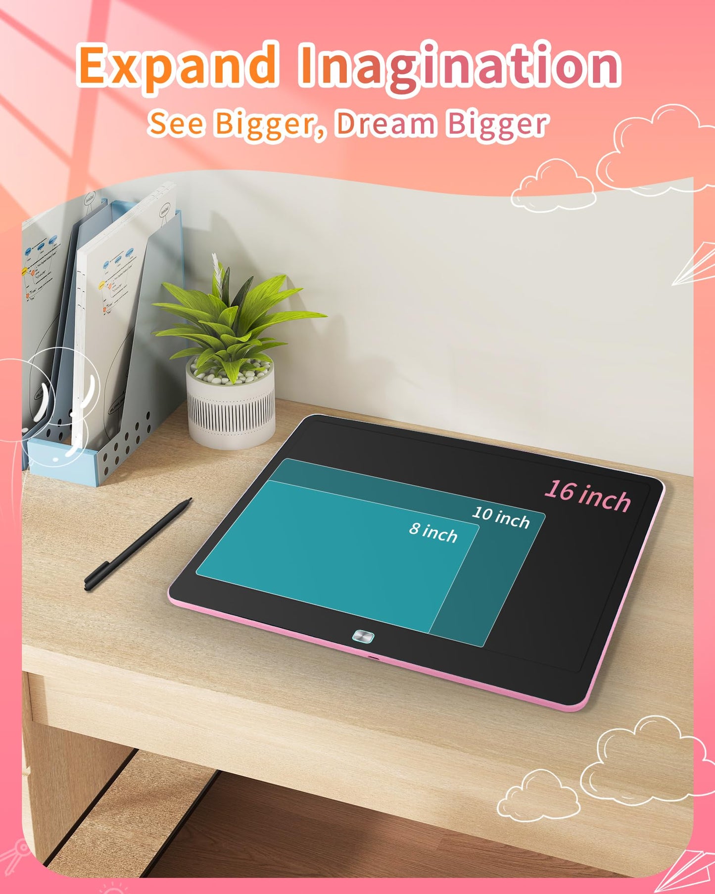 Rechargeable LCD Writing Tablet for Kids, 16 Inch Colorful Drawing Tablet, Educational Toddler Drawing Pad, Reusable Learning Toys for Kids (Ages 3-12), Ideal Gift for Christmas Birthday (Pink)