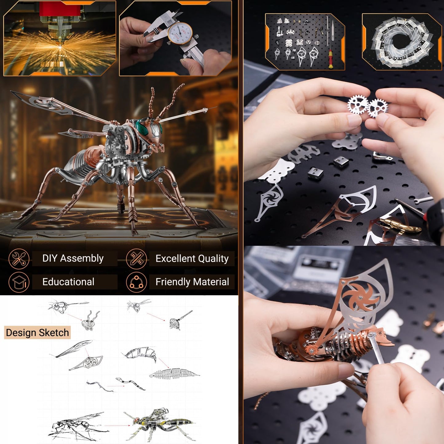 3D Metal Wasp Puzzles for Adults Model Kits Mechanical Puzzle Building Blocks, Difficult DIY Assembly for Men (Steel+Rose Gold)