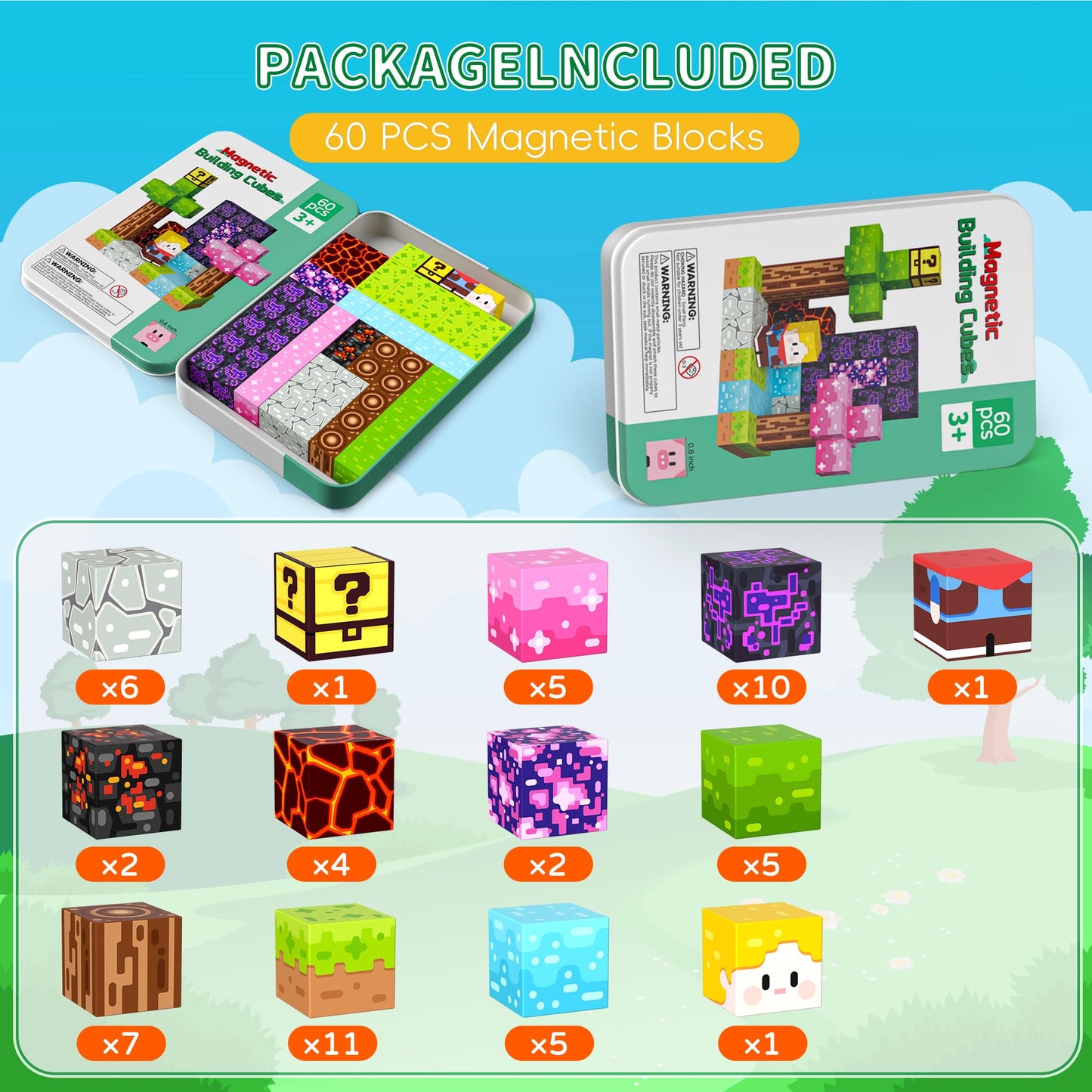 Petenjoy Mini Magnetic Blocks Travel Set with Iron Case - 60 PCS Magnet Building Cubes Travel Toys for Kids 4-8 Toddler Airplane Essentials, Stem Toys Gift for Boys and Girls