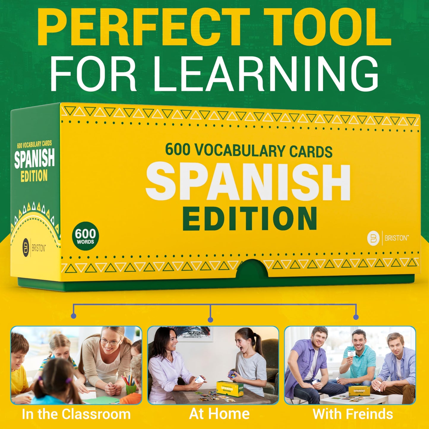 Briston Spanish Vocabulary Flash Cards – 600 English to Spanish Flashcards with Example Sentences & Pronunciations – Language Learning Cards for Kids & Adults, Classroom, Homeschool Study Set