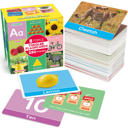 BenBen Flash Cards for Toddlers, Extra Thick, 250 Images, Double-Sided Educational Flashcards, Alphabet, Number, Animal, Shape, Color, Preschool Learning Activities, Gift for Kids 1 2 3 4 Years