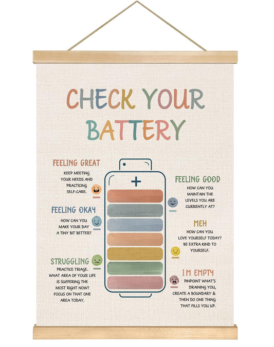 Check Your Battery Wall Art Decor,18.5x14Inch Mental Health Awareness Poster for Classroom, Office or Therapy Room, Emotional Regulation and Self Care Canvas Hanging Chart, Mindfulness Motivational Wall Art Decor (Colorful- Check your)