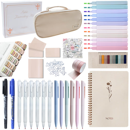J6&H6 170Pcs Complete Bible Study Supplies Journaling Kit with Tabs, Highlighters and Color Pens, Notebook,Stickers & More Bible Accessories Set for Women, Beginner Christian Gifts(Lvory White)
