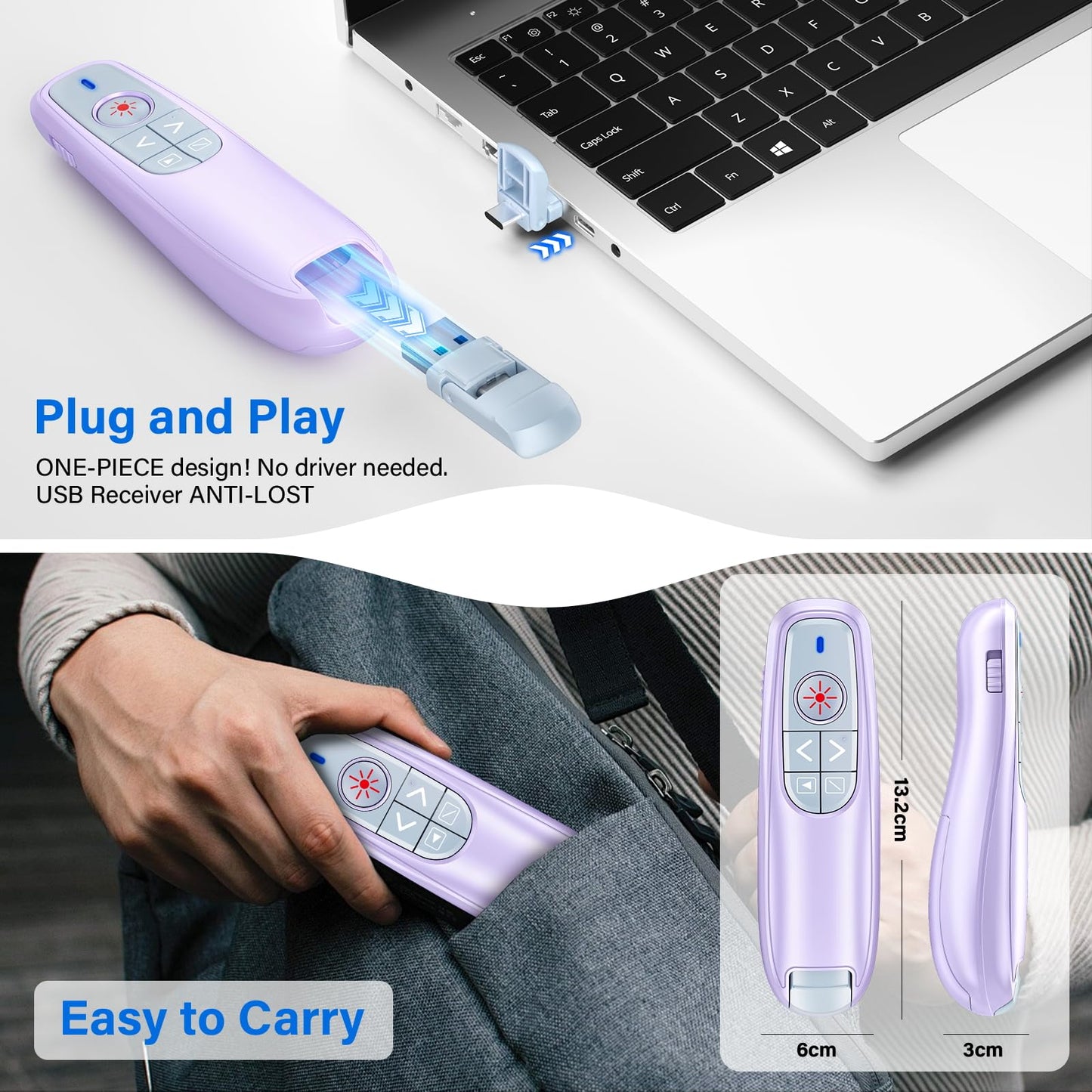 2-in-1 USB Type C Presentation Clicker, Wireless Presentation Clicker PowerPoint Presenter Remote with Volume Control, Powerpoint Clicker with Slide Advancer for Computer/Laptop/Mac,Purple