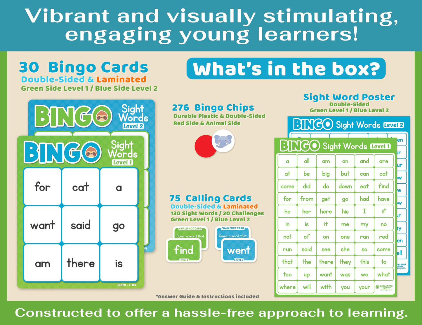 Bright Seed Sight Words Bingo Game for Kindergarten, Learn to Read Sight Word Cards, Word Games for Kids Ages 4-8, Bingo Sight Words Level 1&2, Laminated for Easy Clean