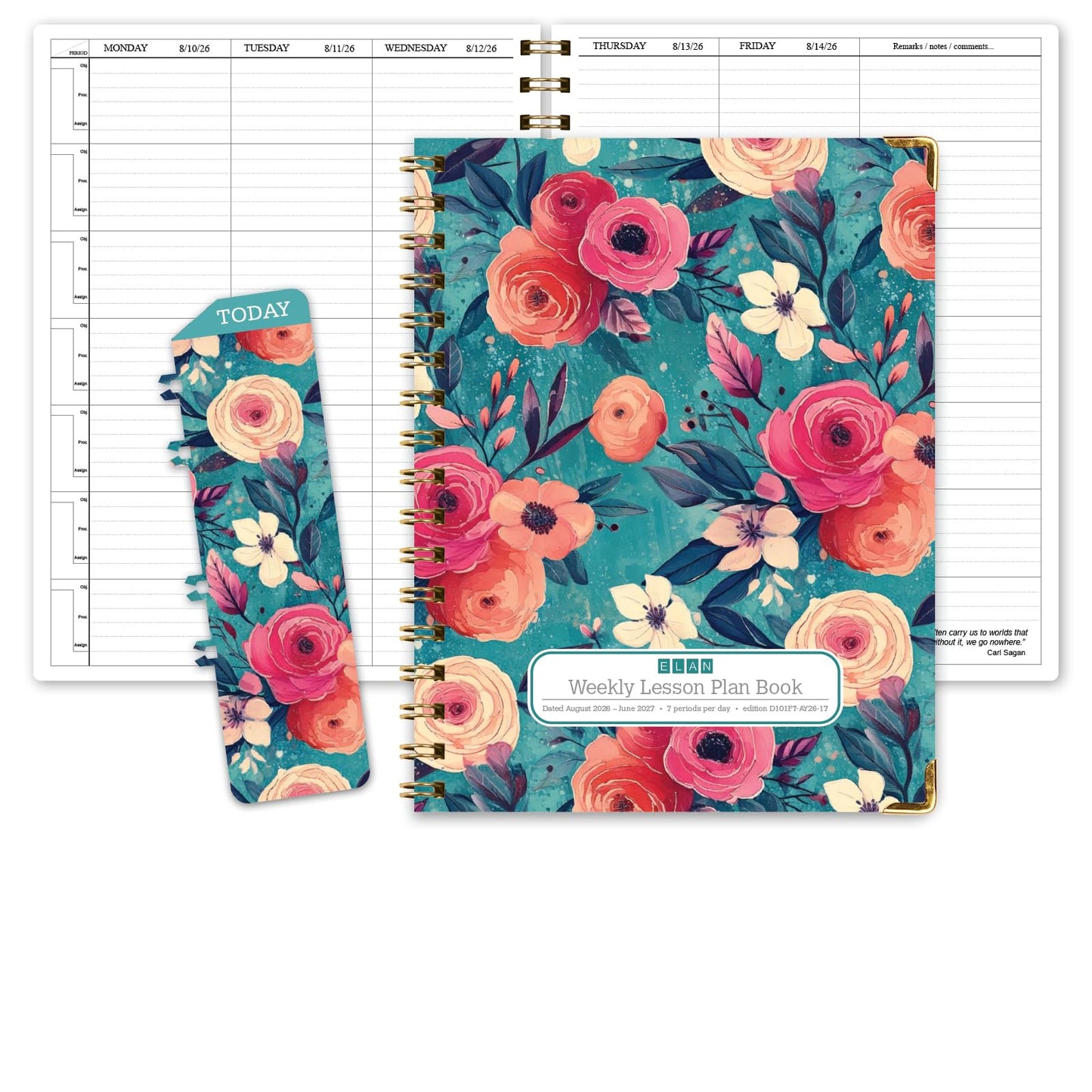 Elan Publishing Company HARDCOVER 7 Period Dated Teacher Lesson Plan; Days Horizontally Across The Top Dated for 2026-2027 Academic Year with Bonus Clip-in Bookmark (Teal Floral)