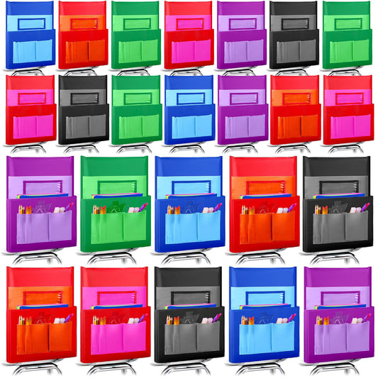 Tisancy 24 Pcs Thicken Chair Pockets for Classroom, Chair Pocket Chart, Chart Seat Back Organizer Bulk with Name Tag, Classroom Organization Essentials for School Christmas Student Gift(Vivid Color)