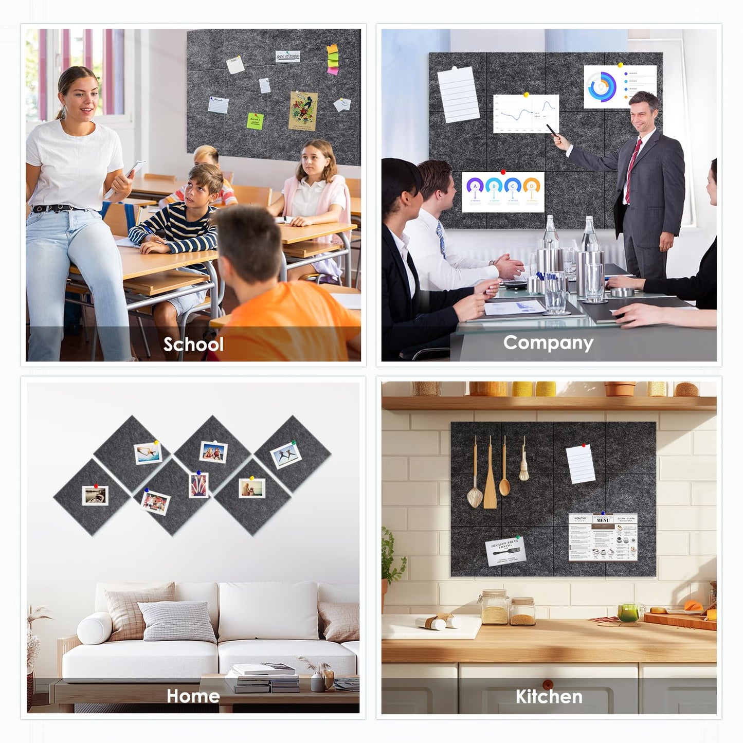 Large Cork Board for Walls 48"x36" |Cork Board Alternative| 12 Pack Felt Wall Tiles| Dark Gray Bulletin Board with Removable Adhesive | Cork Boards Pinboard for Office Home Classroom，Dark Gray