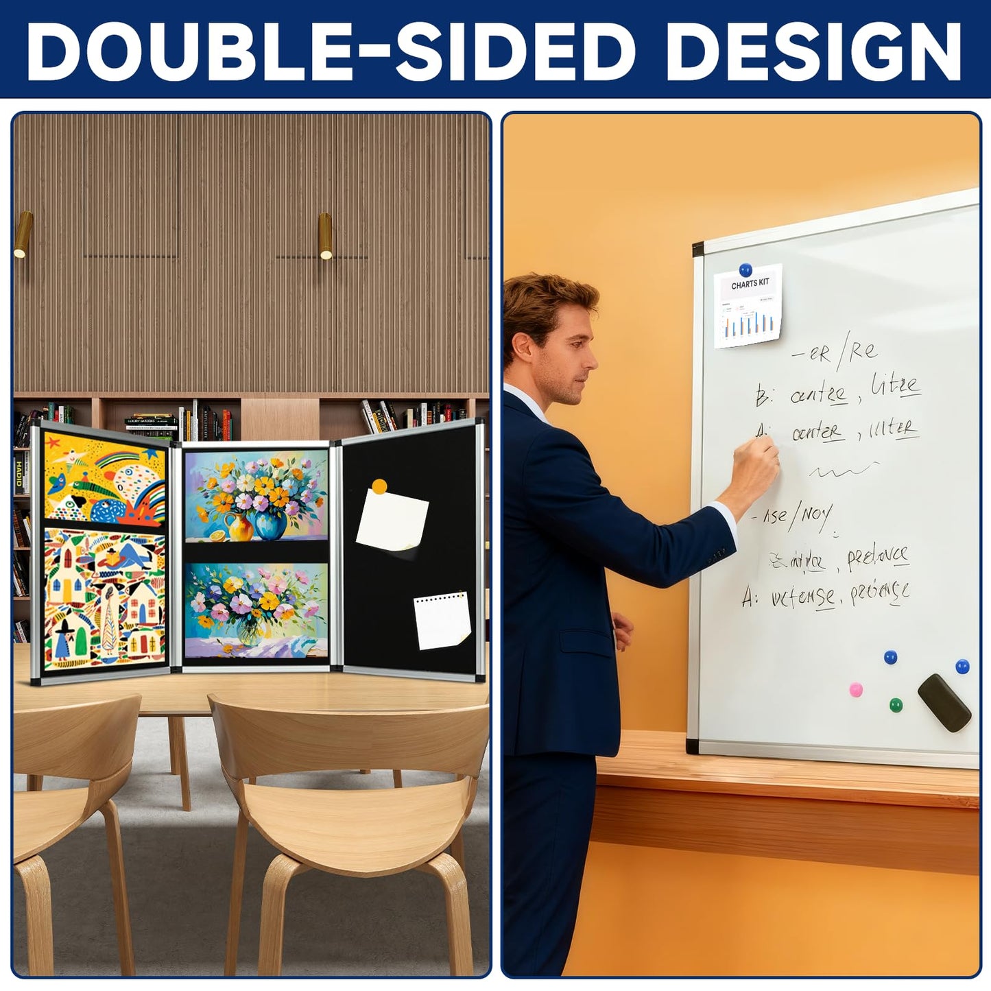 uyoyous 3 Panel Trade Show Presentation Board 70.8 x 35.4 inches Trifold Poster Board Double Sided Presentation Whiteboard Folding Display Panel for Science Fair, Trade Show Table Top