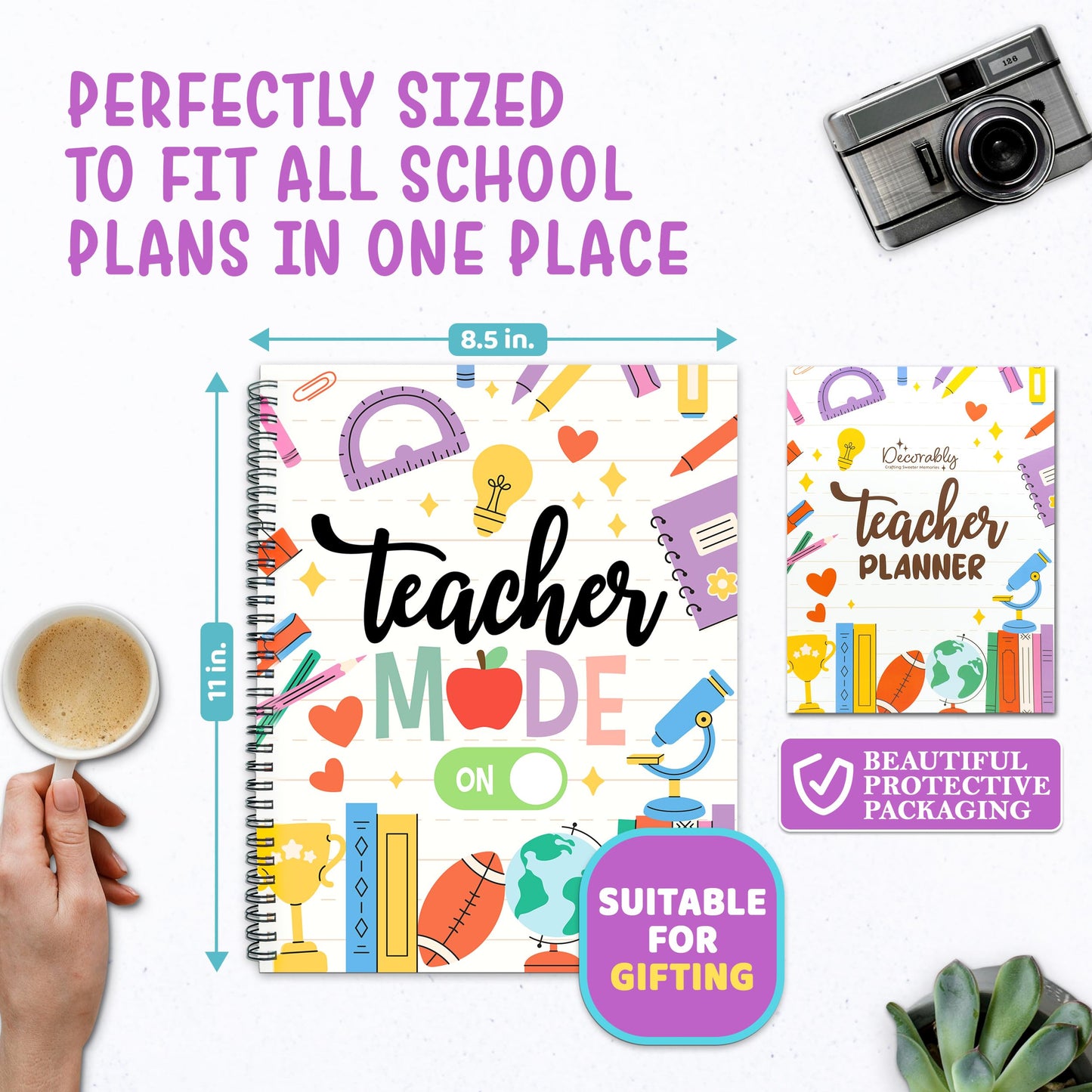 Decorably 12 Months Weekly and Monthly Undated Teacher Planner, 8.5x11inch Spring-Bound with Contacts, Schedule Page, Bookmark & Stickers for Plan Logs, & Classroom Planning, Academic Year Notebook