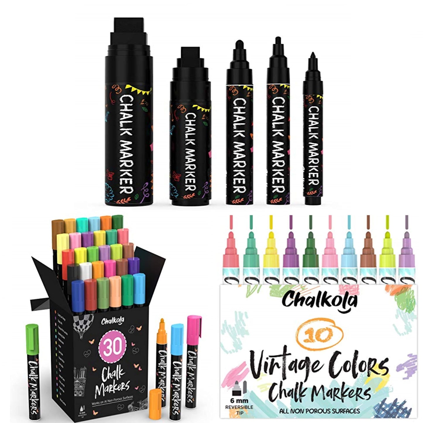 Chalkola 5 Black + 30 Patel, Neon 6mm + 10 Vintage 6mm Chalk Markers Bundle