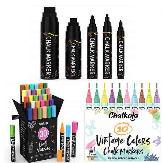 Chalkola 5 Black + 30 Patel, Neon 6mm + 10 Vintage 6mm Chalk Markers Bundle