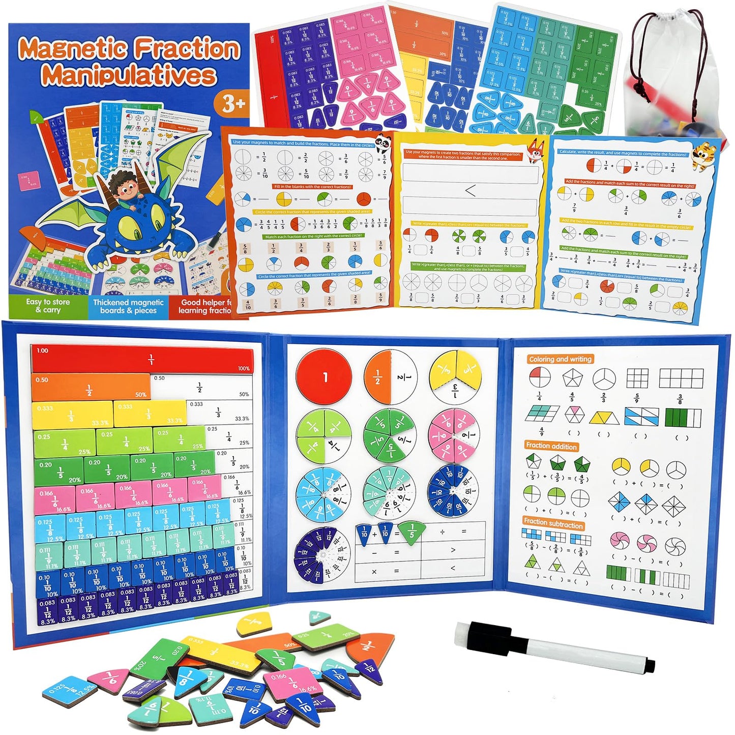 CABVIP Magnetic Fraction Tiles & Circles Set with Dry Erase Board - Montessori Math Manipulatives Kit for Grade 1-5, Homeschool Classroom Fraction Puzzles and Games