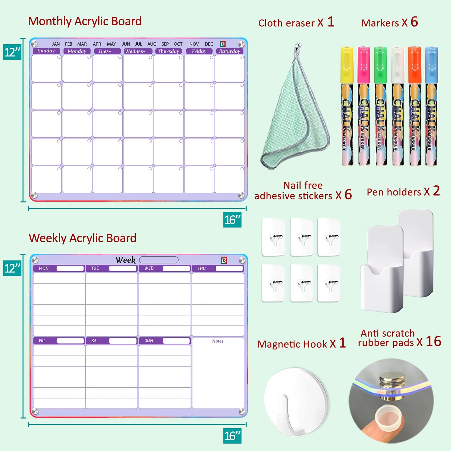 Purple Acrylic Fridge Calendar - Magnetic Calendar for Refrigerator 2 PCS | Calendars for Fridge with Removable Template - Magnetic to Do List for Refrigerator