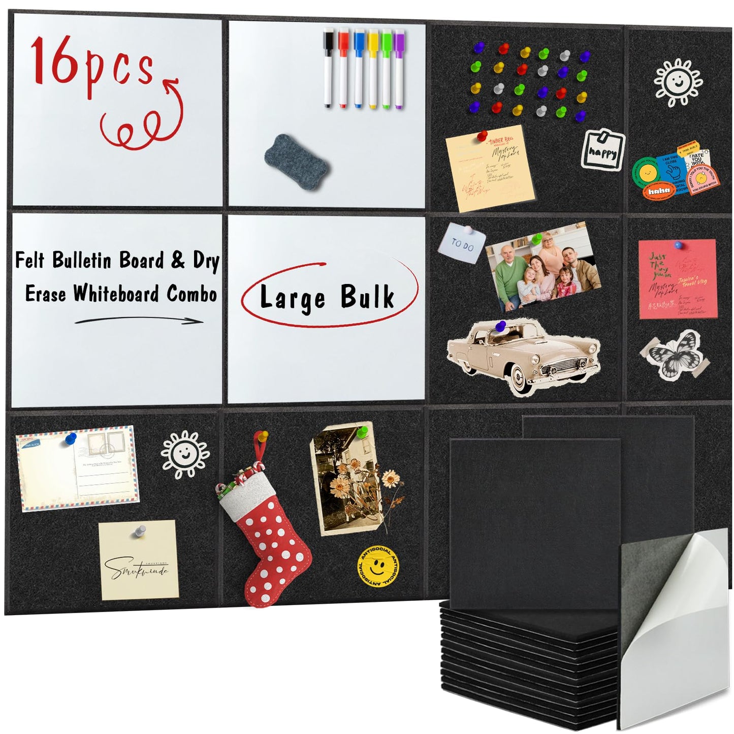 BXI Magnetic Dry Erase Whiteboard & Felt Bulletin Board with Pins Combo, 16 Pcs 12 X 12 X 3/8 Inch Self-Adhesive Vision Display Tiles, Note Memo Panels for Home School Education Office Wall Decor