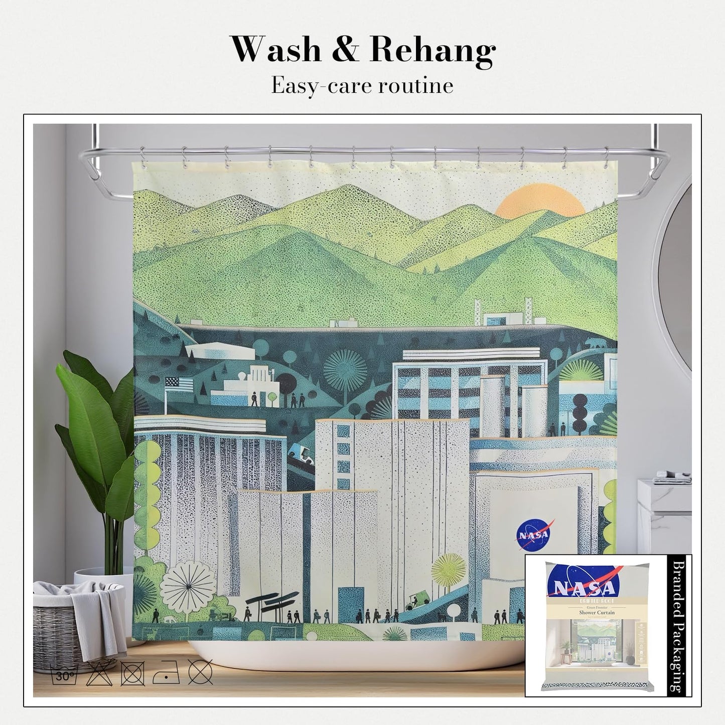 DRIFTED ROOT NASA Licensed Shower Curtain Set, Green Frontier and Mountain Design, Space Poster Art, Oxford Cloth, Bathroom Hotel Decor (Green Frontier-Ivory/Green, 72" W x 72" L (Pack of 1))