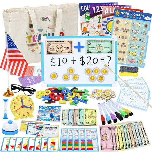 Gifts2U Pretend Teacher Playset for Kids, Play School Toys for Girls Boys with Teacher Bag, Whiteboard, Play Money, Learning Clock, Educational Posters and Play Teaching Supplies