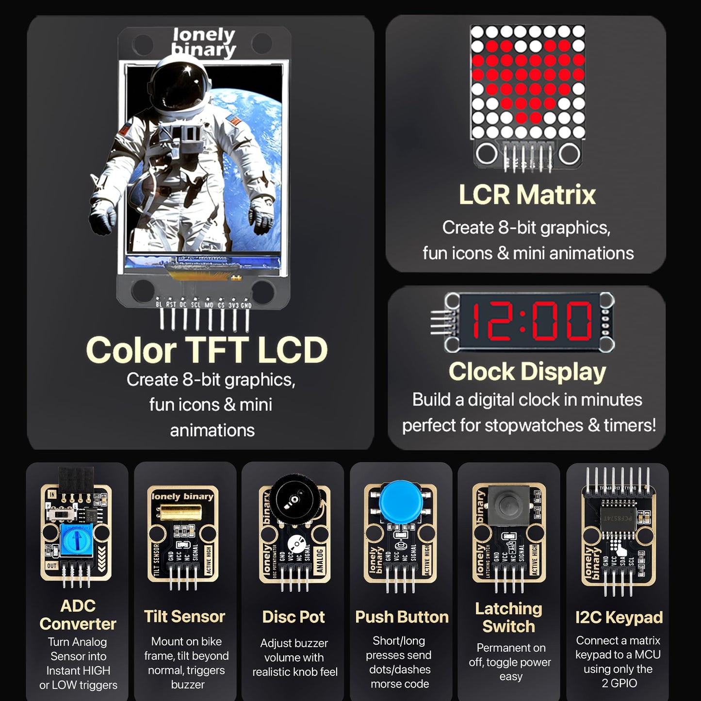 Lonely Binary 46-Piece Sensor Module Kit for Arduino, ESP32, Raspberry Pi Pico - Gold Edition with OLED, LED Matrix, 7-Segment Display, Lead-Free ENIG | STEM Learning DIY Starter Kit with Tutorials