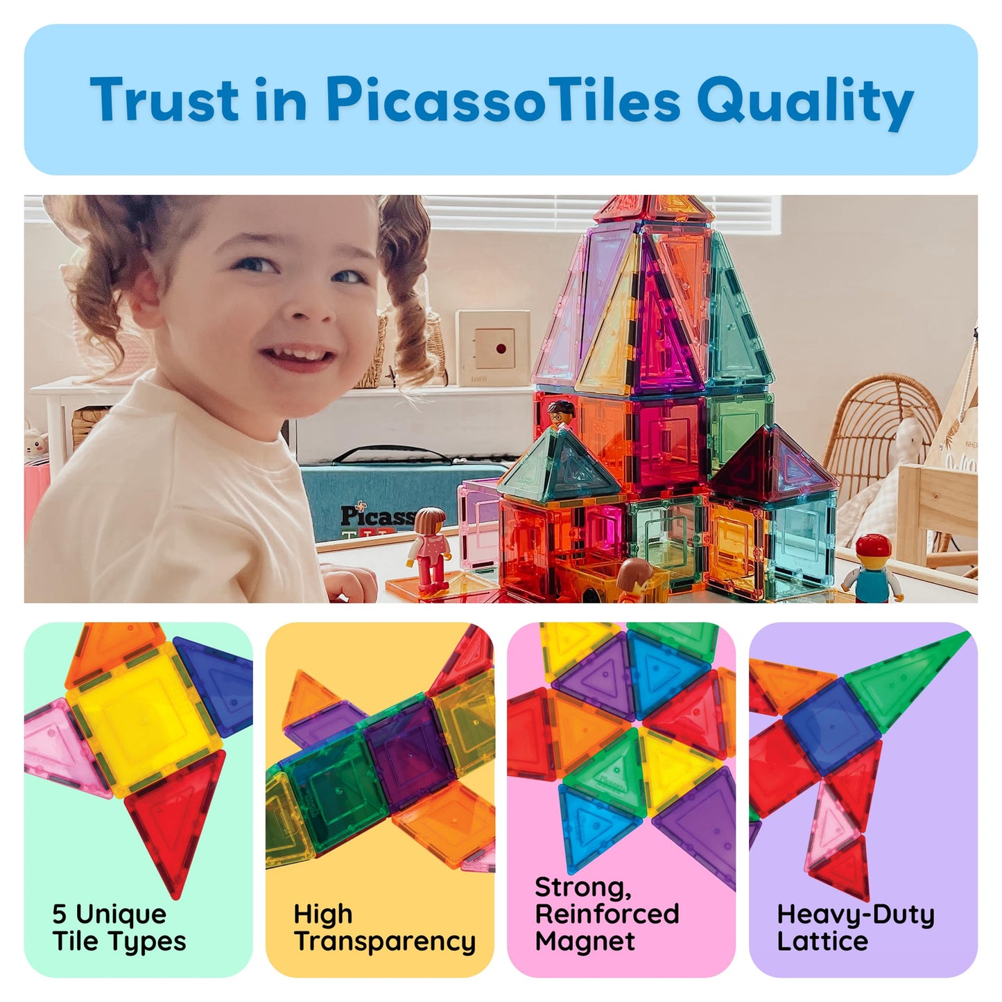 PicassoTiles 60 Piece Set 60pcs Magnet Building Tiles Clear Magnetic 3D Blocks Construction Playboards - Creativity Beyond Imagination, Inspirational, Recreational, Educational, Conventional