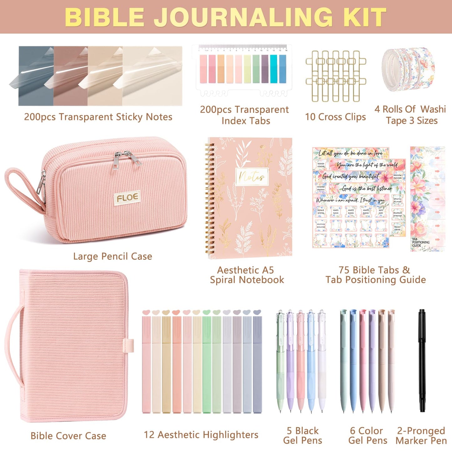 Bible Study Supplies Journaling Kit for Women with Bible Cover Case, Christmas Christian Gifts for Women Mom, Bible Study Tools Accessories Set w/Highlighter Pen, Pencil Case Notebook Annotation Kit