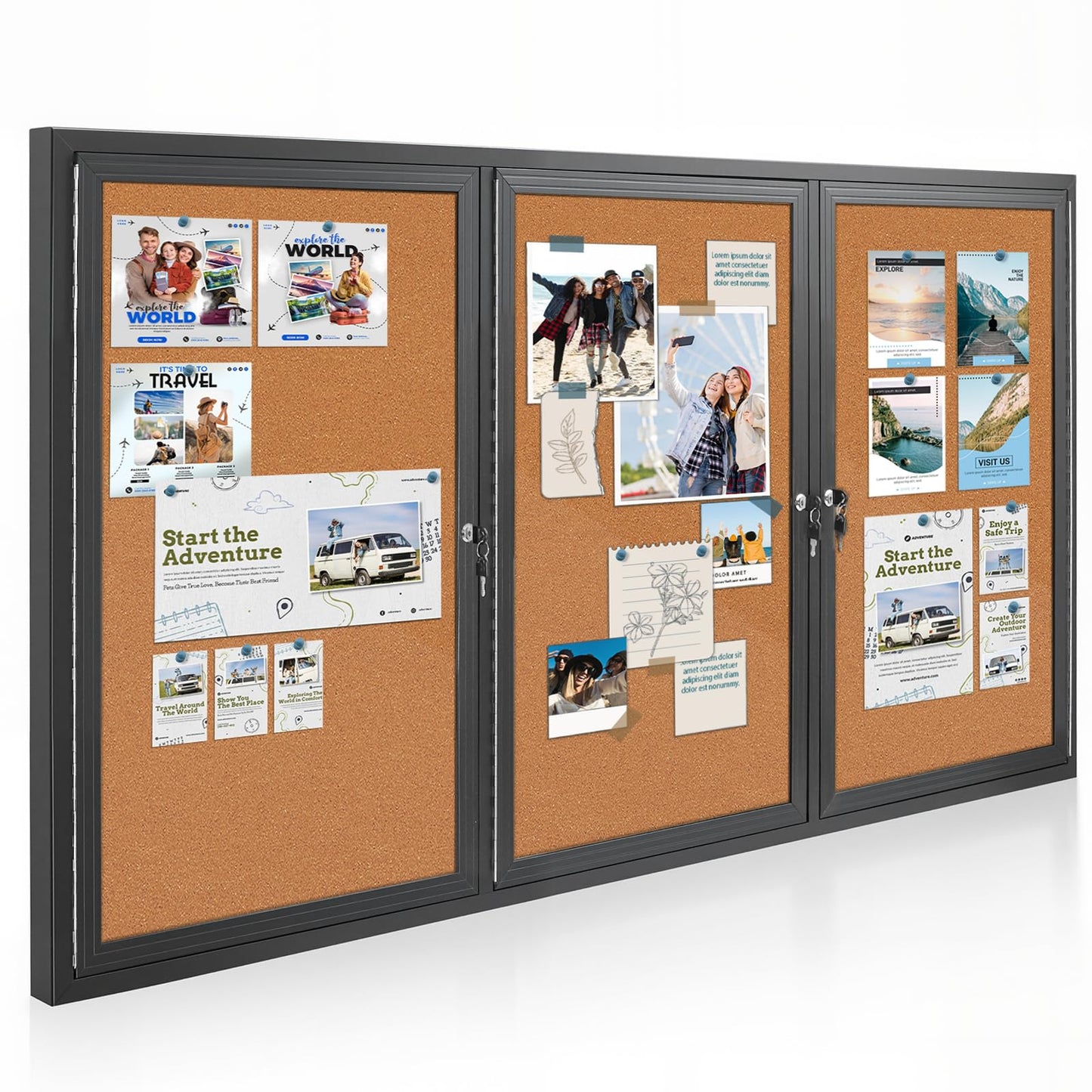 Enclosed Bulletin Board Lockable,3 Doors Weatherproof Outdoor Noticeboard with Locking Door, Wall-Mounted Aluminum Framed Presentation Board, 70x36 Inch