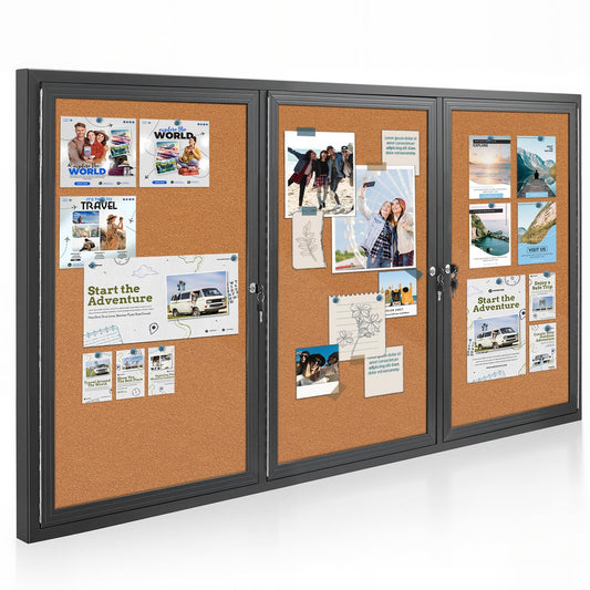 Enclosed Bulletin Board Lockable,3 Doors Weatherproof Outdoor Noticeboard with Locking Door, Wall-Mounted Aluminum Framed Presentation Board, 70x36 Inch