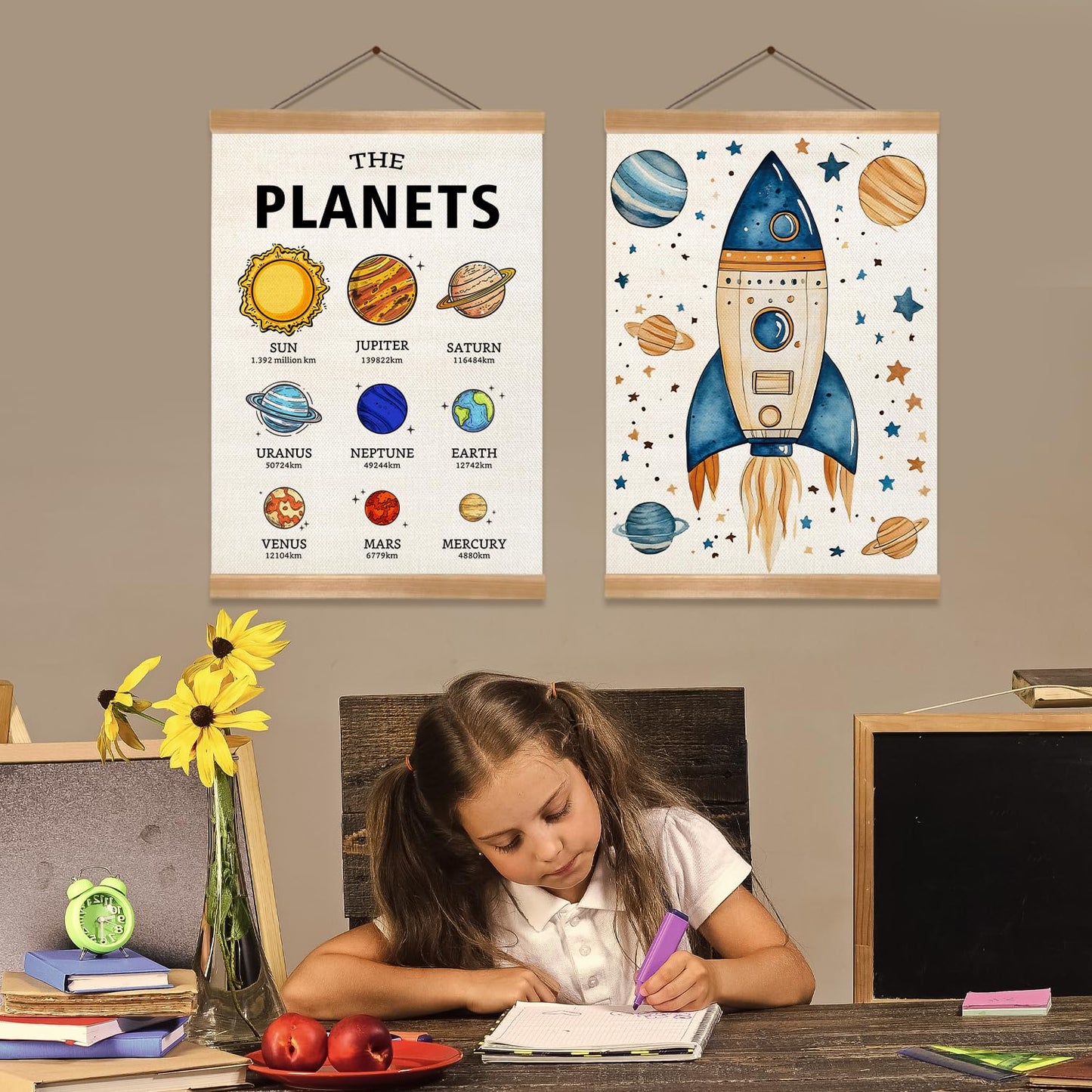 Solar System Poster Wall Art Set of 2, The Planets Wall Decor Wood Hanger, Space Classroom Decor, Outer Space Planets Poster for Boys and Girls Nursery, Bedroom, Playroom, Toddler and Kids Room Decoration12x16Inch(Solar system)