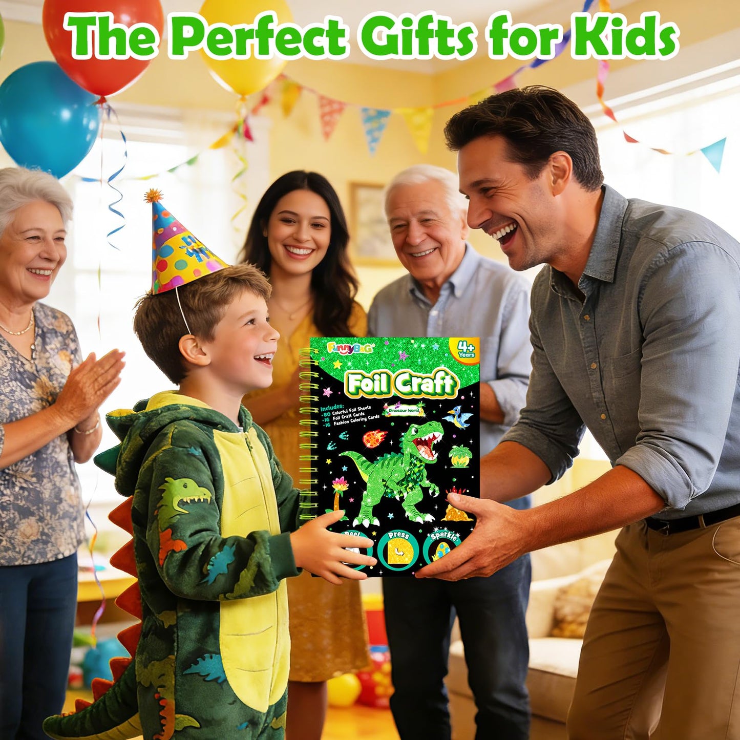 FUNNYB&G Foil Art Craft Kit for Boys 4-10 Years Old: Mess-Free & No-Glue, Create 16 Sparkly Dinosaur World Pictures – Perfect Travel Toy & Birthday Gift for Kids (Dinosaur World)