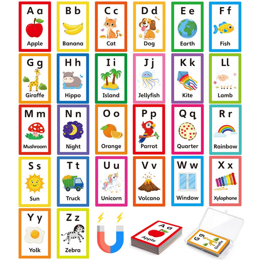 Epakh 26 Pcs Magnetic Alphabet Flash Cards with Storage Box 26 A - Z Letters for Kids, Preschool, ESL, Montessori Learning, Educational Gift for Toddlers, Classroom(Colorful)