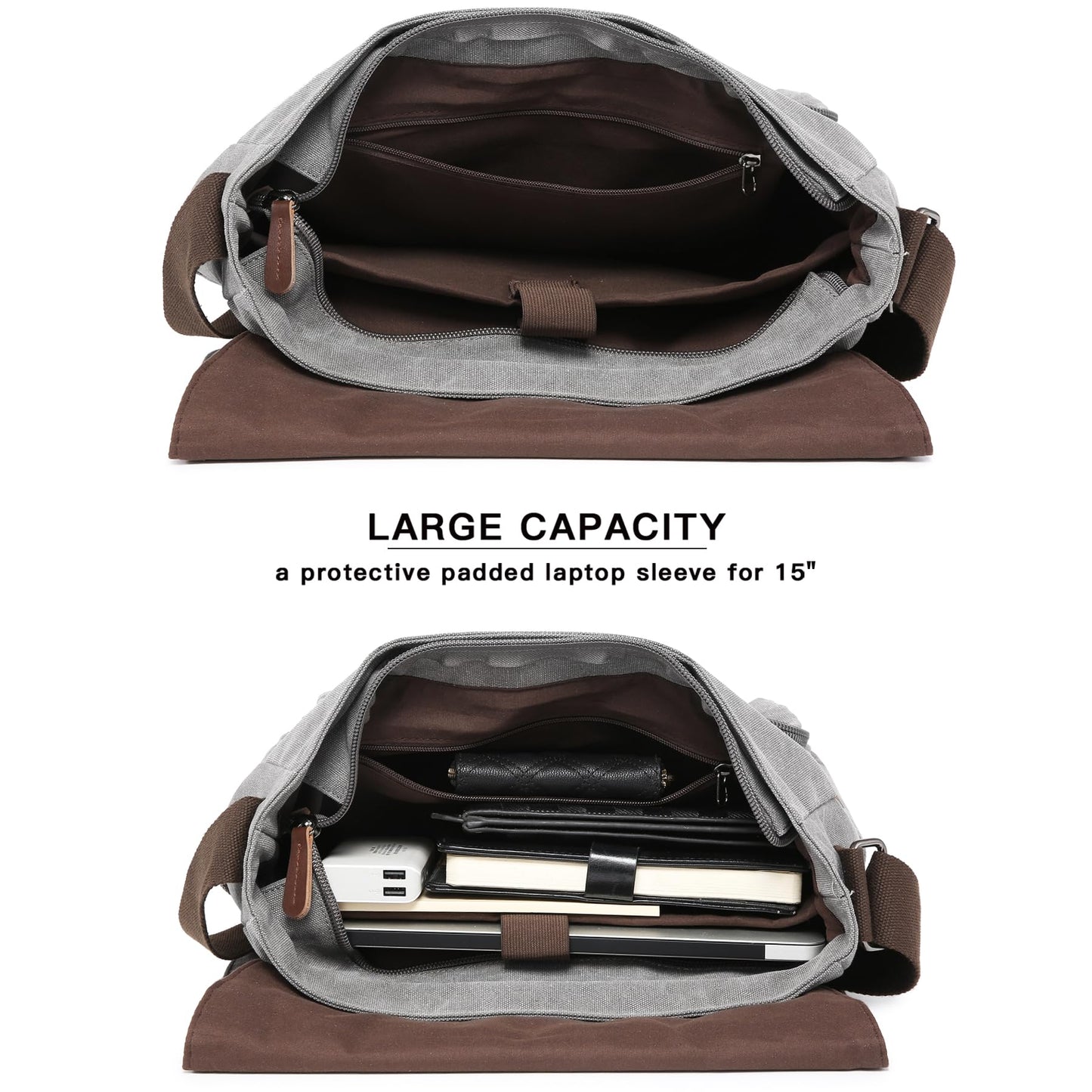 Dasein Large Vintage Canvas Messenger Shoulder Bag, Grey, 15in Laptop
