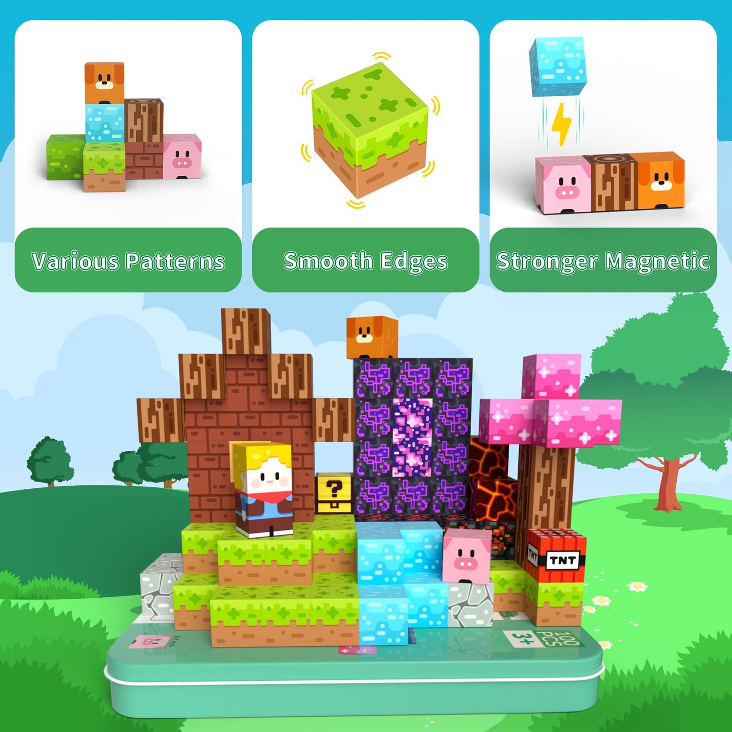 Petenjoy 100PCS Magnetic Blocks - Magnetic Building Blocks, Magnet Blocks Cubes, STEM Learning Sensory Magnet Toy for Kids Ages 3 4 5 6 7 8 9 10 11, Birthday Gifts for Boys and Girls