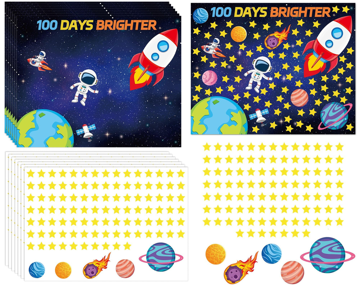 CHUNNIN 32Pcs 100 Days of School Space Scene Sticker Fun Vivid Solar System Astronaut Poster and Space Theme DIY Craft Sticker Outer Space Build a Scene Crafts for Classroom Activity Supplies