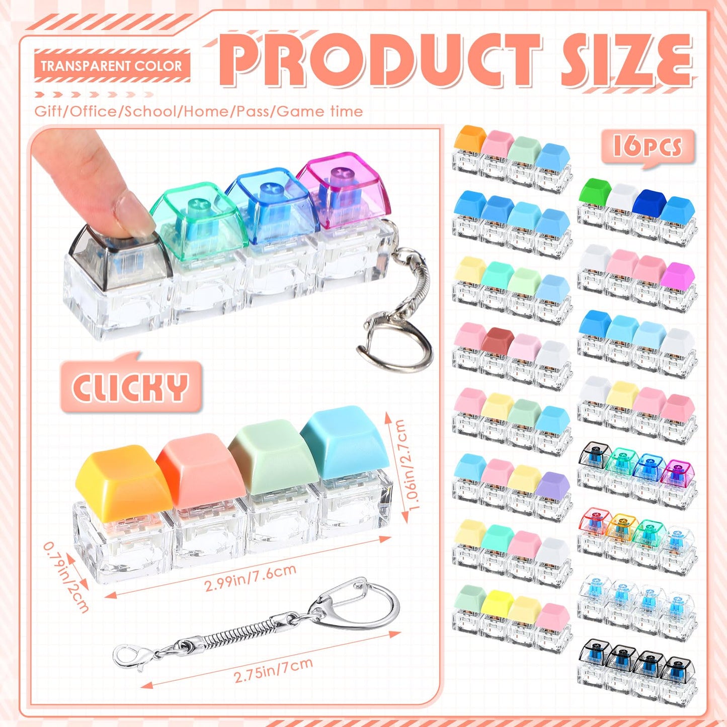Halloscume 16 Pcs Click Sound Keyboard Adult Fidget Clicker Toy 4-in-1 Keyboard Fidget Keychain Cube Mechanical Key Button Clicker Stress Relief Gift for Office School Home to Pass the Time