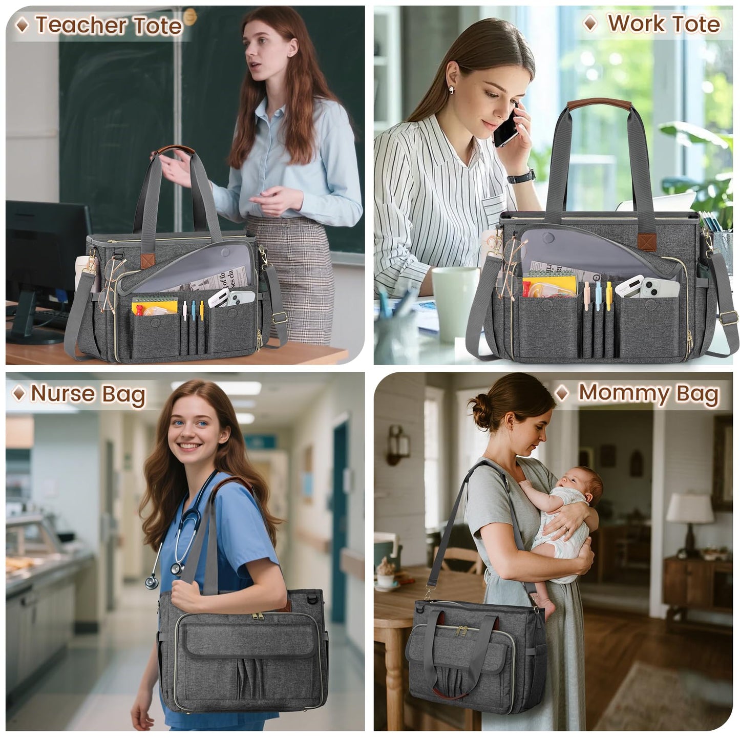 RAINSMORE Teacher Tote Bag 15.6 inch Laptop Bag for Women Work Bags Nurse Bag Lightweight Laptop Tote Computer Messenger Shoulder Bags with Insulated Pocket, Professional Laptop Briefcase