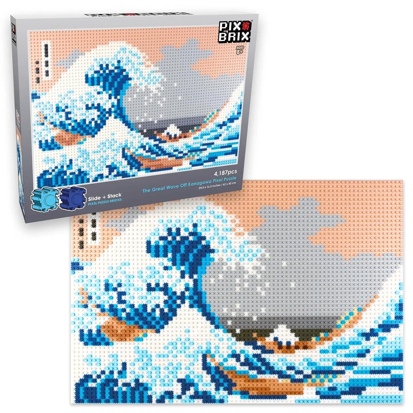 Pix Brix Pixel Art Puzzle Bricks - The Great Wave Off Kanagawa Pixel Puzzle, 4,187 Pieces - Patented Colorful Building Bricks to Recreate This Famous Print, Create Builds Without Water, Iron or Glue