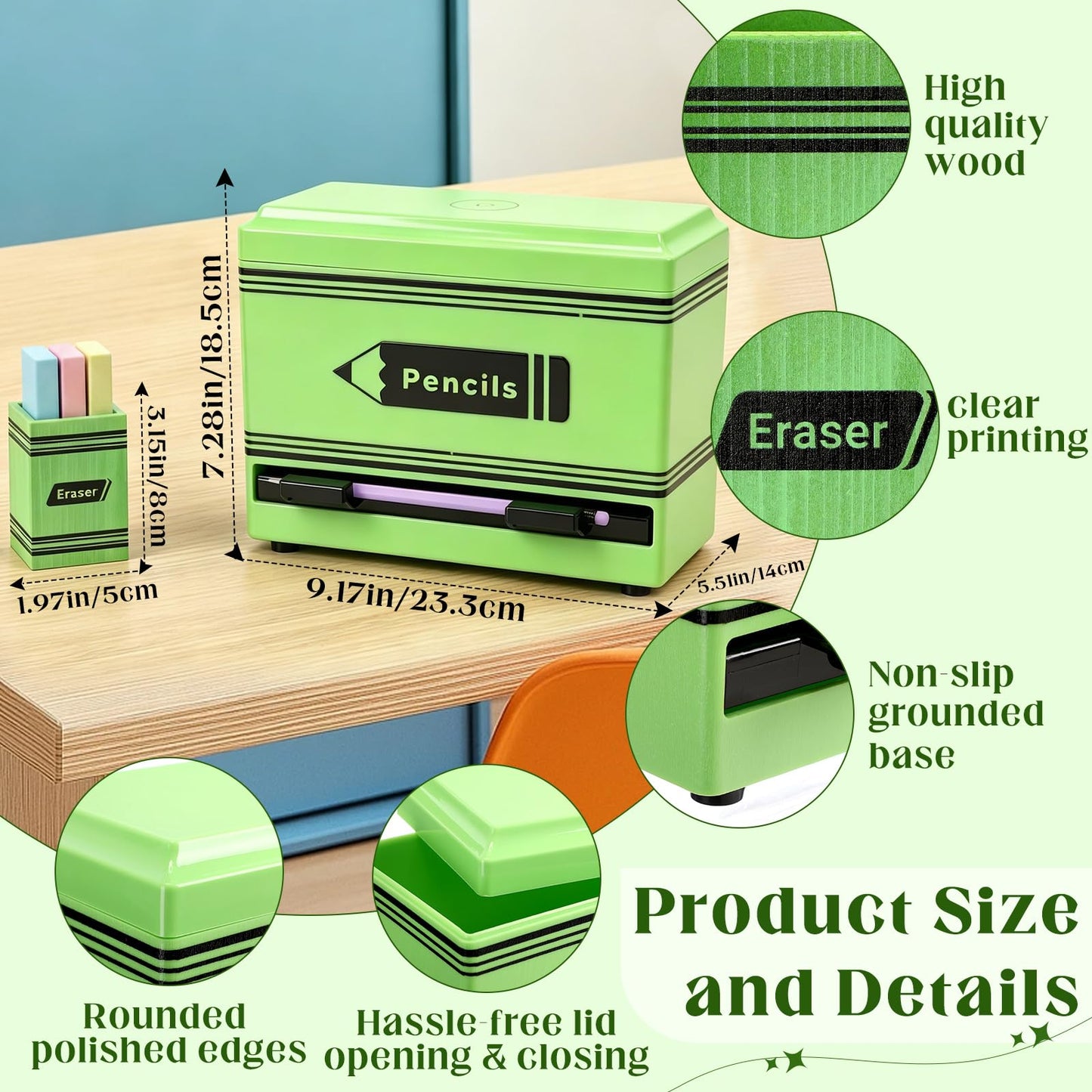 Gueevin 2pcs Pencil Dispenser for Classroom, Fun Desk Organizer with Eraser Holder, Interactive Pencil Storage for Teachers, Students & Homeschool Desk Organizer, Back to School Supplies(Green)