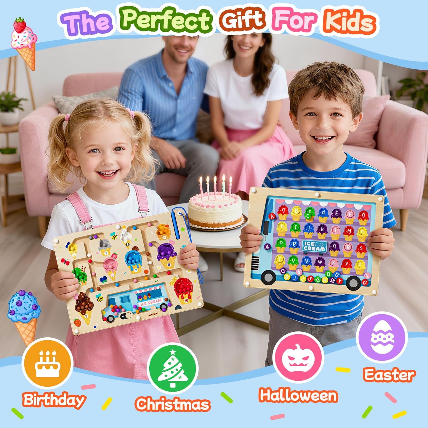 UMEREACT 2 in 1 Magnetic Color and Number Maze Double-Sided ABC Alphabet Puzzles Board Magnet Dinosaur Counting Maze Preschool Learning Montessori Education 3 4 5 Years Toys (Ice Cream, One Size)