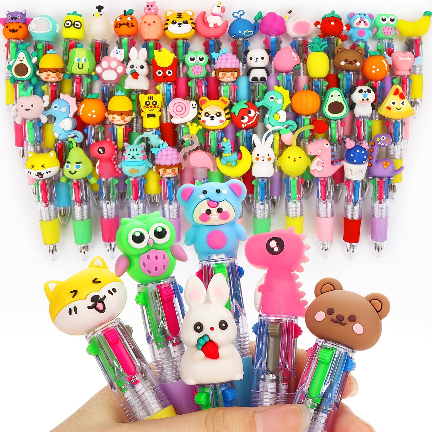 arscniek 60Pcs Multicolor Pen in One, 4-in-1 0.5mm Fine Point Cute Pens, Fun Kawaii Ballpoint Pen for Party Favors, Classroom Prizes, Teacher School Supplies, Bulk Gifts for Students