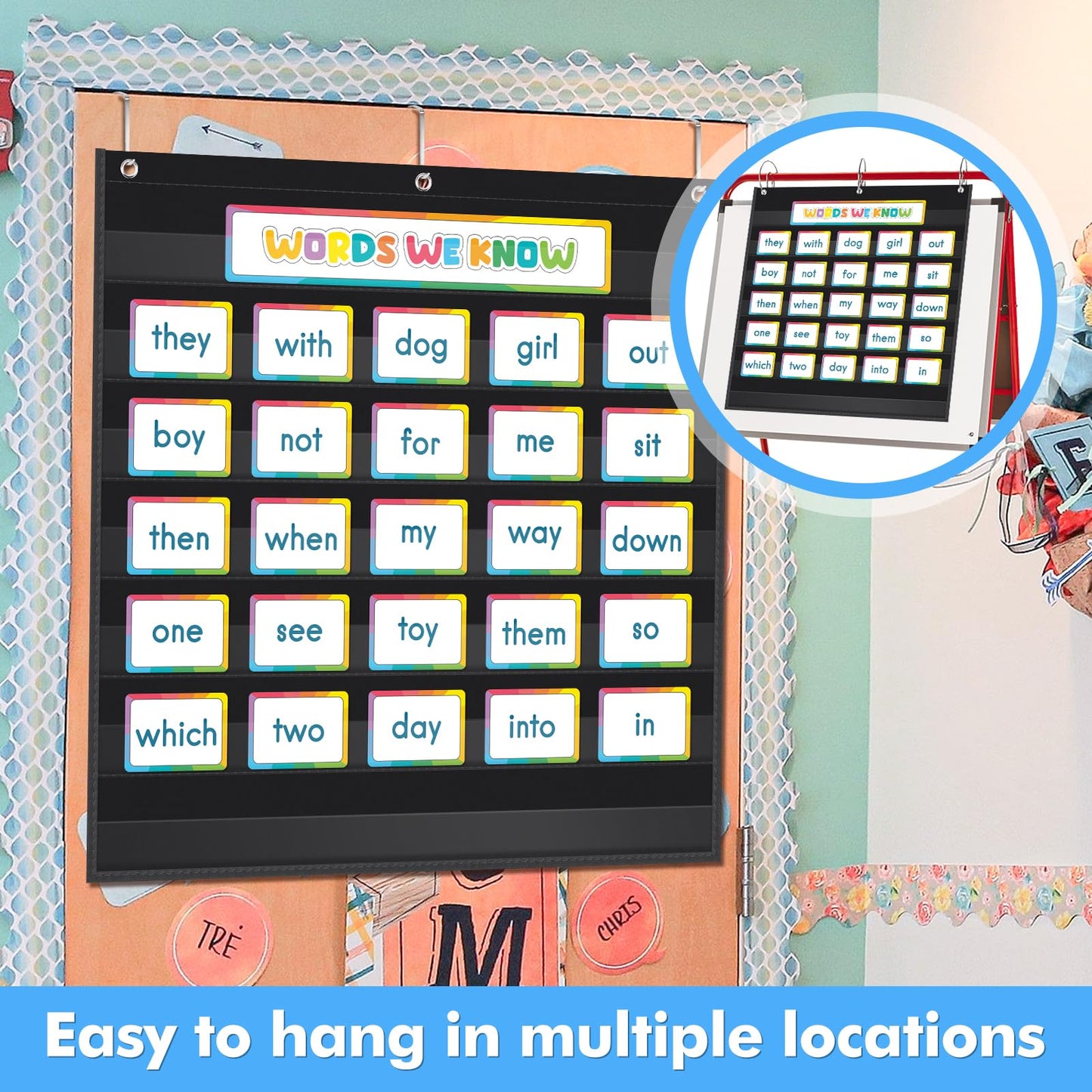 AUVCAS Standard Pocket Chart Clear 7 for Classroom & Home Heavy Duty Hanging Pocket Chart for Word Wall/Letter Cards/Sentence Strips 28Wx28L,Black