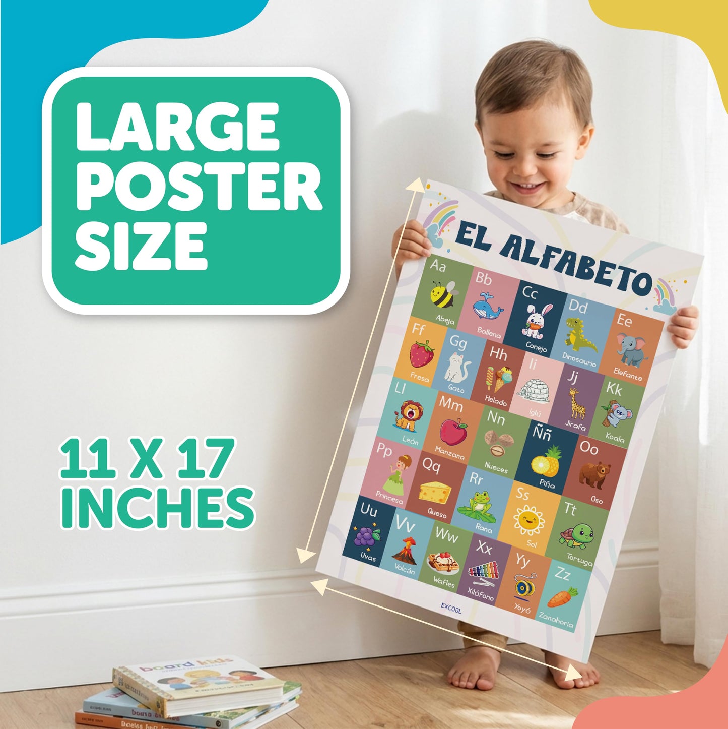 EXCOOL CLUB 16 Spanish Classroom Posters For Elementary - Colorful Bilingual Educational Posters For Toddlers 1-3, Laminated Learning Poster Preschool Must Haves, Abecedario Para Niños En Español