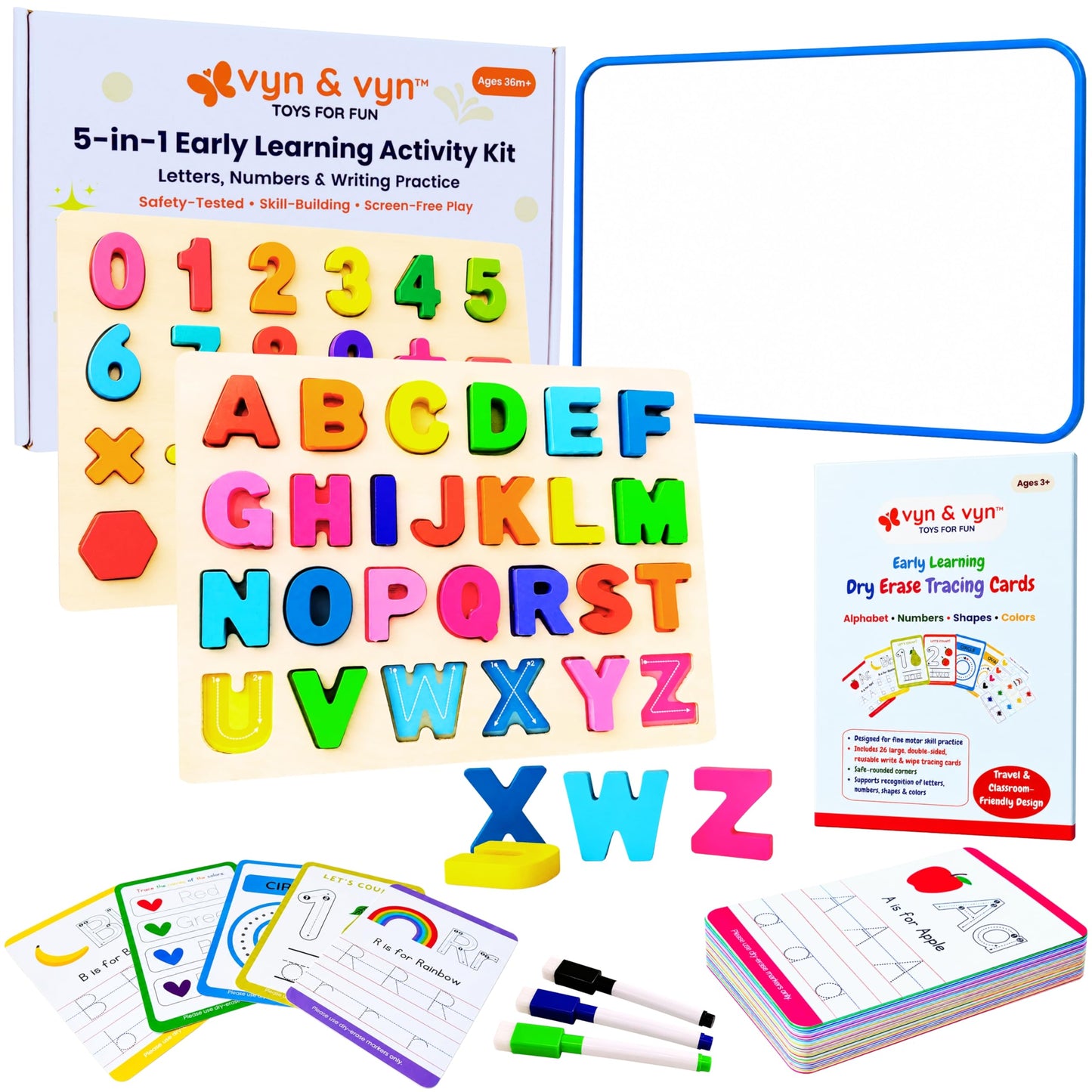 5-in-1 Wooden Puzzles for Toddlers 3-5 | Montessori Alphabet Number Shape Learning Toys | Magnetic Whiteboard, Flashcards & Markers | Preschool Educational Activity Kit | VYN & VYN (Rainbow)