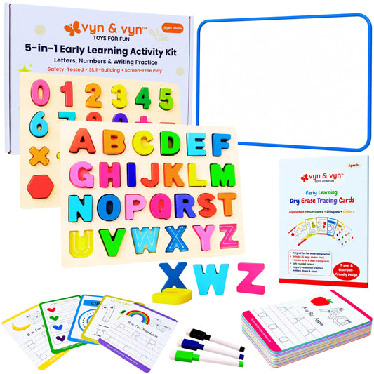 5-in-1 Wooden Puzzles for Toddlers 3-5 | Montessori Alphabet Number Shape Learning Toys | Magnetic Whiteboard, Flashcards & Markers | Preschool Educational Activity Kit | VYN & VYN (Rainbow)