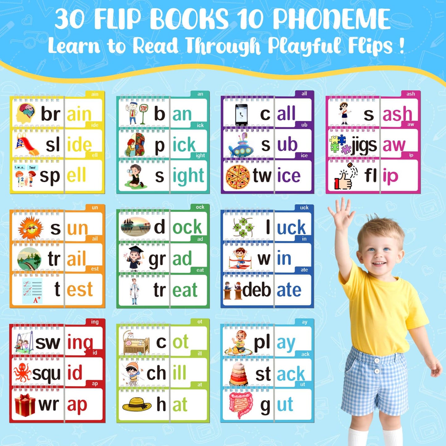 YOTOY 30 Read and Rhyme Flip Books, Word Family ABC Vocabulary Flashcards, Phonics Flash Cards, Kindergarten Sight Word - Learn to Read Activity Games, Toys for Kids Toddlers Ages 2 3 4 5 8 Years Old