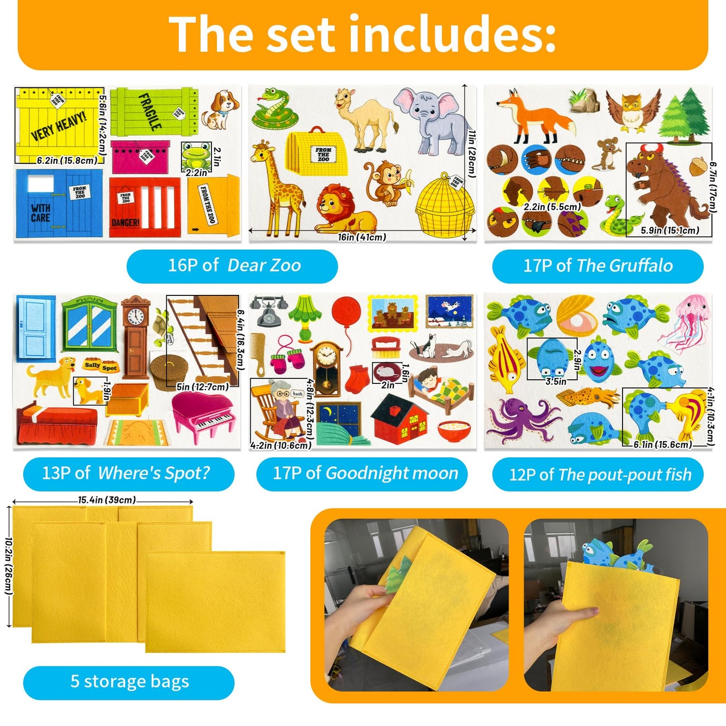 5 Sets (75P) Felt Board Stories Pieces,Tell Five Picture Books Stories(Goodnight Moon,Dear Zoo), for Felt Fannel Board,for Preschool, Kindergarten,Family Time